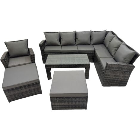 Fimous Rattan Garden Furniture Set 6 Pieces Outdoor Garden Sofa Oblong Coffee Table Set with Chair 2 Big Footstools Dark Grey Mixed