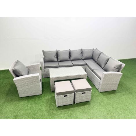 Fimous Rattan Garden Furniture Set 6 Pieces Outdoor Garden Sofa Oblong Coffee Table Set with Chair 2 Small Footstools Light Grey Mixed