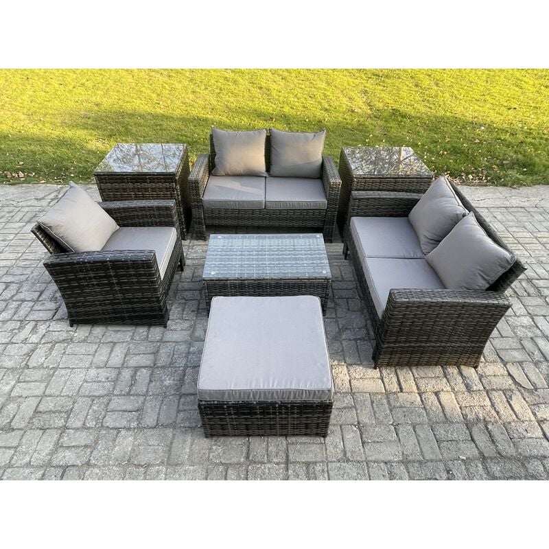 Rattan Garden Furniture Set 6 Seater Patio Outdoor Lounge Sofa Chair Set with 2 Side Tables Rectangular Coffee Table Big Footstool Dark Grey Mixed