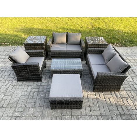 Fimous Rattan Garden Furniture Set 6 Seater Patio Outdoor Lounge Sofa Chair Set with 2 Side Tables Rectangular Coffee Table Big Footstool Dark Grey Mixed