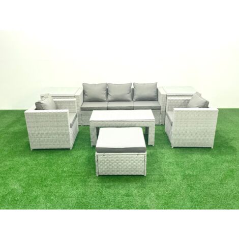 Fimous Rattan Garden Furniture Set 7 Pieces Outdoor Garden Sofa Oblong Coffee Table Set with 2 Chairs 2 Side Tabes Stool Light Grey Mixed