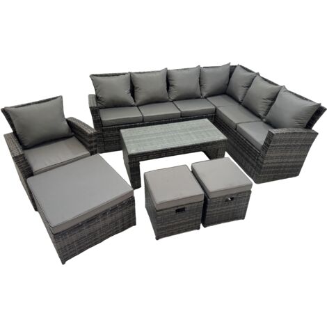 Fimous Rattan Garden Furniture Set 7 Pieces Outdoor Garden Sofa Oblong Coffee Table Set with Chair 3 Footstools Dark Grey Mixed