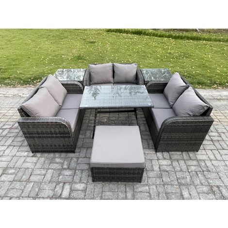Fimous Rattan Garden Furniture Set 7 Seater Patio Outdoor Love Sofa Set with Rectangular Dining Table 2 Side Tables Big Footstool Dark Grey Mixed