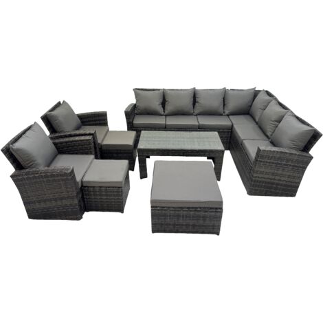 Fimous Rattan Garden Furniture Set 8 Pieces Outdoor Garden Sofa Oblong Coffee Table Set with Chair 3 Footstools Dark Grey Mixed