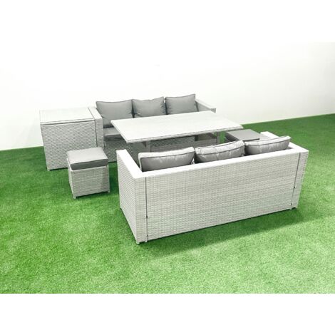 Fimous Rattan Garden Furniture Set 8 Seater Outdoor Sofa Set with Dining Table Side Table 2 Small Footstools Light Grey Mixed