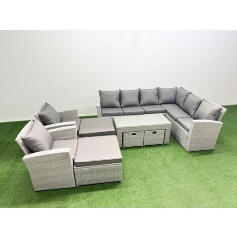 Fimous Rattan Garden Furniture Set 9 Pieces Outdoor Garden Sofa Oblong Coffee Table Set with 2 Chairs 4 Footstools Light Grey Mixed