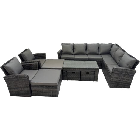 Fimous Rattan Garden Furniture Set 9 Pieces Outdoor Garden Sofa Oblong Coffee Table Set with Chair 4 Footstools Dark Grey Mixed