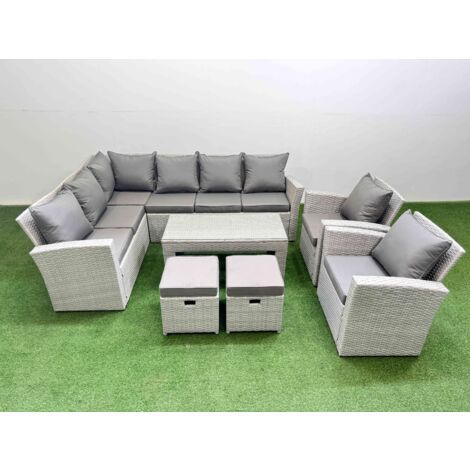 Fimous Rattan Garden Furniture Set Outdoor 10 Seater Corner Sofa Sets with Oblong Coffee Table Chair 2 Small Footstool Light Grey Mixed