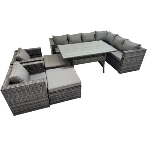 Fimous Rattan Garden Furniture Set Outdoor 10 Seater Patio Dining Corner Sofa Sets with Dining Table 2 Chairs 2 Big Stools Dark Grey Mixed