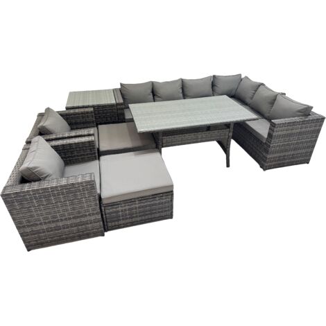 Fimous Rattan Garden Furniture Set Outdoor 10 Seater Patio Dining Corner Sofa Sets with Dining Table 2 Chairs 2 Big Stools Side Table Dark Grey Mixed
