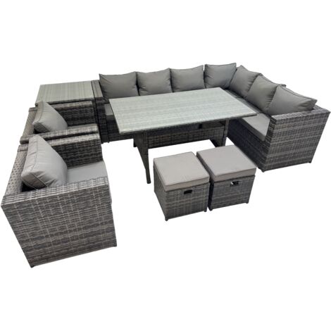Fimous Rattan Garden Furniture Set Outdoor 10 Seater Patio Dining Corner Sofa Sets with Dining Table 2 Chairs 2 Small Stools Side Table Dark Grey Mixed