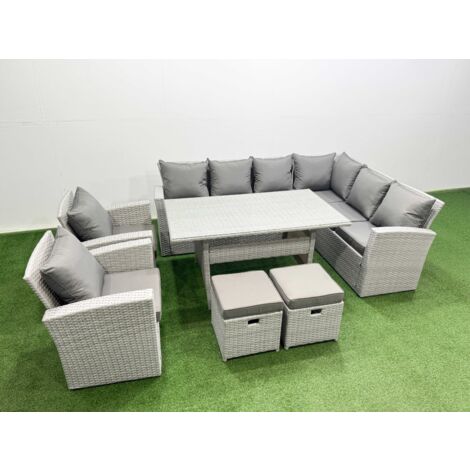 Fimous Rattan Garden Furniture Set Outdoor 10 Seater Patio Dining Corner Sofa Sets with Dining Table Chair 2 Small Footstool Light Grey Mixed