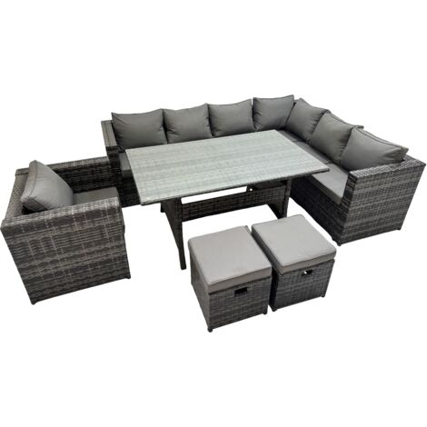 Fimous Rattan Garden Furniture Set Outdoor 10 Seater Patio Dining Corner Sofa Sets with Dining Table Chair 2 Small Stools Dark Grey Mixed
