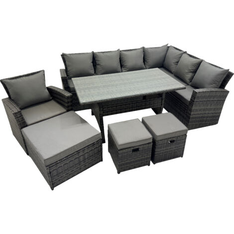 Fimous Rattan Garden Furniture Set Outdoor 10 Seater Patio Dining Corner Sofa Sets with Dining Table Chair Dark Grey Mixed