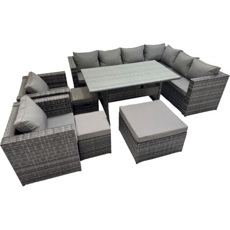Fimous Rattan Garden Furniture Set Outdoor 11 Seater Patio Dining Corner Sofa Sets with Dining Table 2 Chairs 3 Stools Dark Grey Mixed