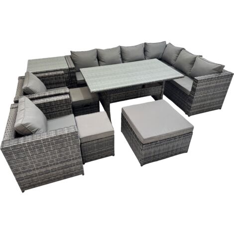 Fimous Rattan Garden Furniture Set Outdoor 11 Seater Patio Dining Corner Sofa Sets with Dining Table 2 Chairs 3 Stools Side Table Dark Grey Mixed