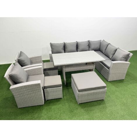 Fimous Rattan Garden Furniture Set Outdoor 11 Seater Patio Dining Corner Sofa Sets with Dining Table Chair 3 Footstools Light Grey Mixed
