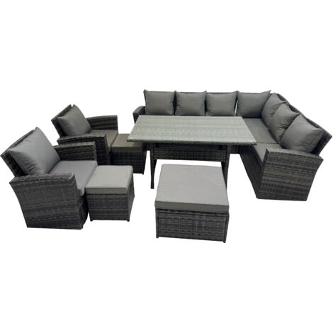 Fimous Rattan Garden Furniture Set Outdoor 11 Seater Patio Dining Corner Sofa Sets with Dining Table Chair Dark Grey Mixed