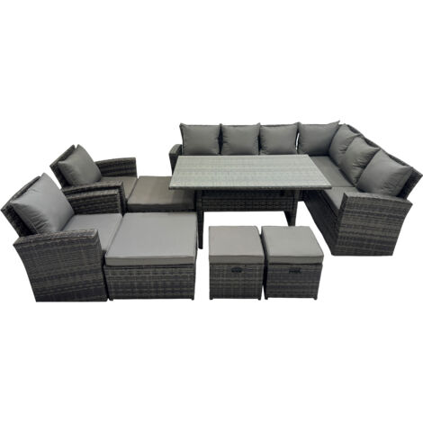 Fimous Rattan Garden Furniture Set Outdoor 12 Seater Patio Dining Corner Sofa Sets with Dining Table Chair Dark Grey Mixed