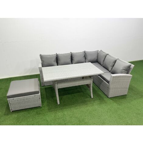 Fimous Rattan Garden Furniture Set Outdoor 7 Seater Patio Dining Corner Sofa Sets with Dining Table Big Footstool Light Grey Mixed