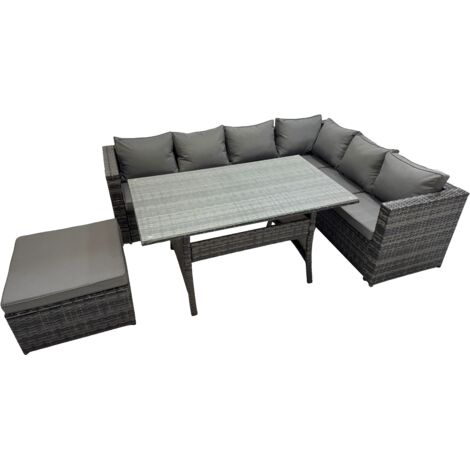 Fimous Rattan Garden Furniture Set Outdoor 7 Seater Patio Dining Corner Sofa Sets with Dining Table Big Stool Dark Grey Mixed