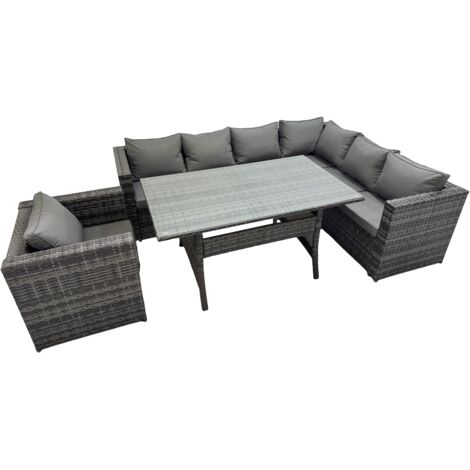 Fimous Rattan Garden Furniture Set Outdoor 7 Seater Patio Dining Corner Sofa Sets with Dining Table Chair Dark Grey Mixed