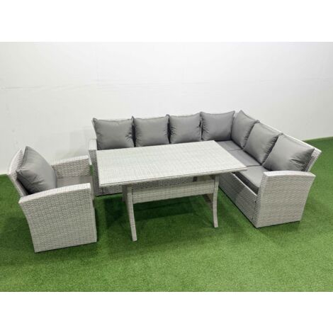 Fimous Rattan Garden Furniture Set Outdoor 7 Seater Patio Dining Corner Sofa Sets with Dining Table Chair Light Grey Mixed