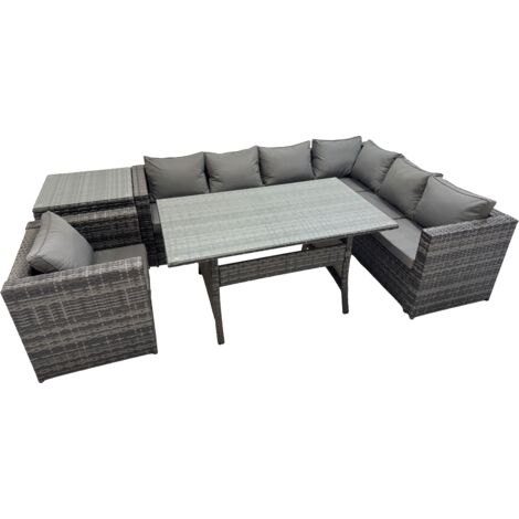 Fimous Rattan Garden Furniture Set Outdoor 7 Seater Patio Dining Corner Sofa Sets with Dining Table Chair Side Table Dark Grey Mixed