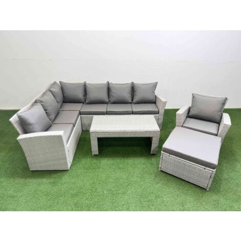 Fimous Rattan Garden Furniture Set Outdoor 8 Seater Corner Sofa Sets with Oblong Coffee Table Chair Big Footstool Light Grey Mixed