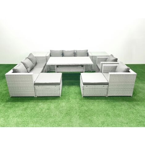 Fimous Rattan Garden Furniture Set Outdoor 8 Seater Patio Dinin g Sofa Sets with Dining Table 2 Chairs 2 Side Tables 2 Big Footstools Light Grey Mixed