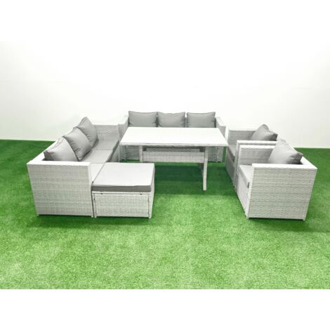 Fimous Rattan Garden Furniture Set Outdoor 8 Seater Patio Dinin g Sofa Sets with Dining Table 2 Chairs Big Footstool Light Grey Mixed