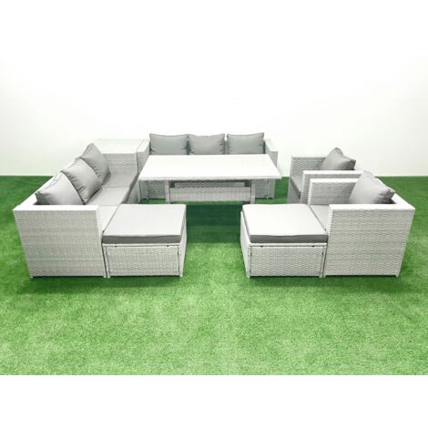 Fimous Rattan Garden Furniture Set Outdoor 8 Seater Patio Dinin g Sofa Sets with Dining Table 2 Chairs Side Table 2 Big Footstools Light Grey Mixed