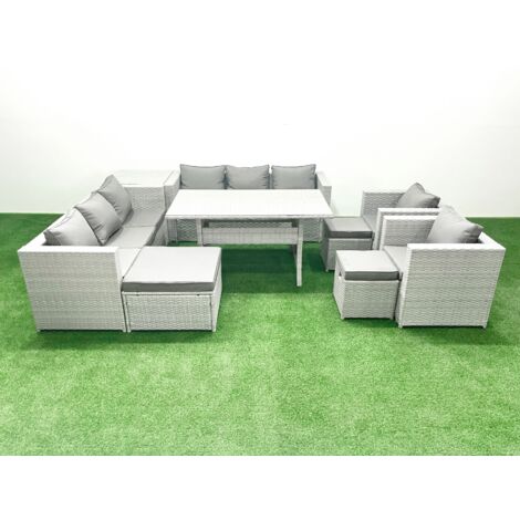 Fimous Rattan Garden Furniture Set Outdoor 8 Seater Patio Dinin g Sofa Sets with Dining Table 2 Chairs Side Table 3 Footstools Light Grey Mixed