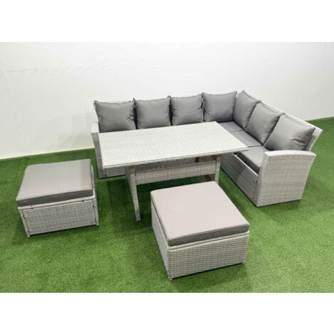Fimous Rattan Garden Furniture Set Outdoor 8 Seater Patio Dining Corner Sofa Sets with Dining Table 2 Big Footstools Light Grey Mixed