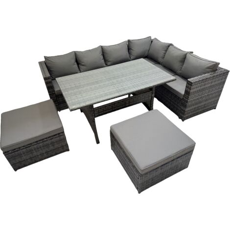 Fimous Rattan Garden Furniture Set Outdoor 8 Seater Patio Dining Corner Sofa Sets with Dining Table 2 Big Stools Dark Grey Mixed