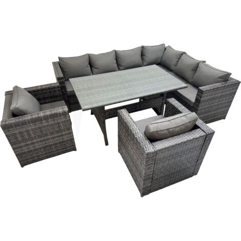 Fimous Rattan Garden Furniture Set Outdoor 8 Seater Patio Dining Corner Sofa Sets with Dining Table 2 Chairs Dark Grey Mixed