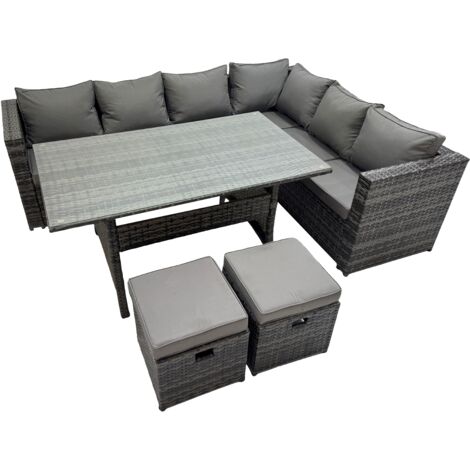 Fimous Rattan Garden Furniture Set Outdoor 8 Seater Patio Dining Corner Sofa Sets with Dining Table 2 Small Footstools Dark Grey Mixed