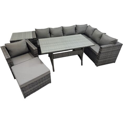 Fimous Rattan Garden Furniture Set Outdoor 8 Seater Patio Dining Corner Sofa Sets with Dining Table Chair Big Stool Side Table Dark Grey Mixed