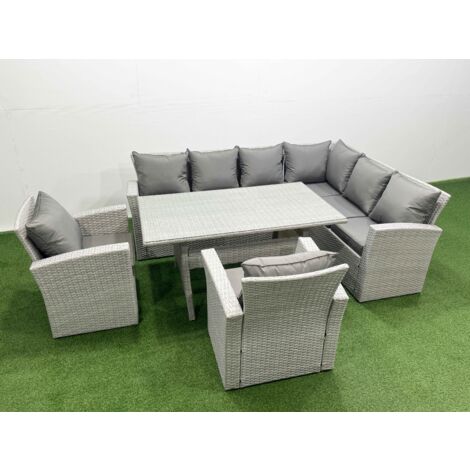 Fimous Rattan Garden Furniture Set Outdoor 8 Seater Patio Dining Corner Sofa Sets with Dining Table Chair Light Grey Mixed