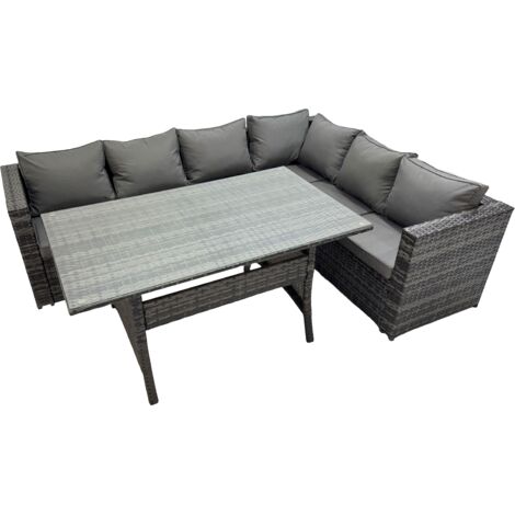 Fimous Rattan Garden Furniture Set Outdoor 8 Seater Patio Dining Corner Sofa Sets with Dining Table Dark Grey Mixed