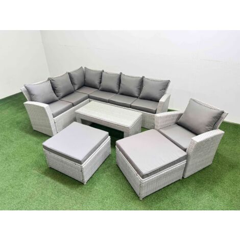 Fimous Rattan Garden Furniture Set Outdoor 9 Seater Corner Sofa Sets with Oblong Coffee Table Chair 2 Big Footstools Light Grey Mixed