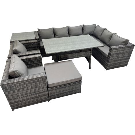 Fimous Rattan Garden Furniture Set Outdoor 9 Seater Patio Dining Corner Sofa Sets with Dining Table 2 Chairs Big Stool Side Table Dark Grey Mixed