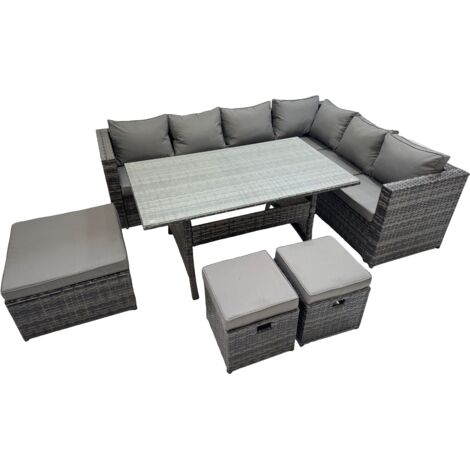 Fimous Rattan Garden Furniture Set Outdoor 9 Seater Patio Dining Corner Sofa Sets with Dining Table 3 Footstool Dark Grey Mixed