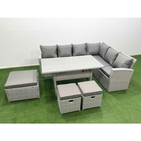 Fimous Rattan Garden Furniture Set Outdoor 9 Seater Patio Dining Corner Sofa Sets with Dining Table 3 Footstools Light Grey Mixed