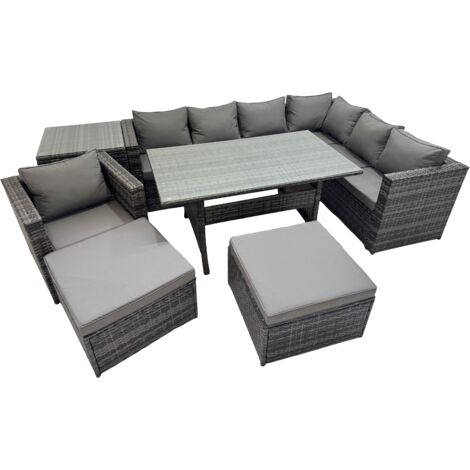 Fimous Rattan Garden Furniture Set Outdoor 9 Seater Patio Dining Corner Sofa Sets with Dining Table Chair 2 Big Stools Side Table Dark Grey Mixed