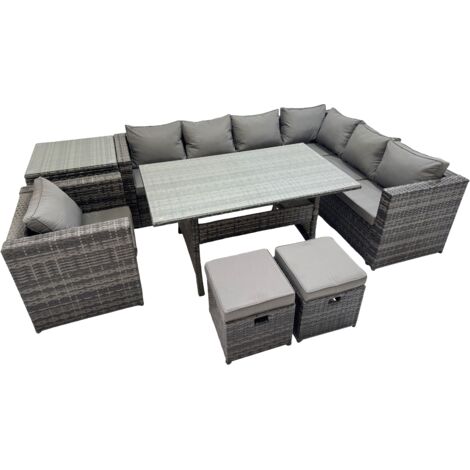 Fimous Rattan Garden Furniture Set Outdoor 9 Seater Patio Dining Corner Sofa Sets with Dining Table Chair 2 Small Stools Dark Grey Mixed