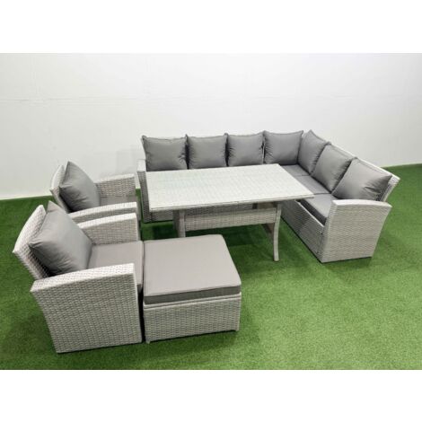 Fimous Rattan Garden Furniture Set Outdoor 9 Seater Patio Dining Corner Sofa Sets with Dining Table Chair Big Footstool Light Grey Mixed