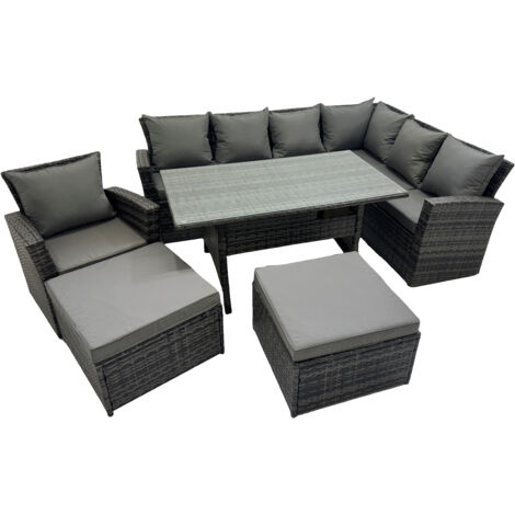 Fimous Rattan Garden Furniture Set Outdoor 9 Seater Patio Dining Corner Sofa Sets with Dining Table Chair Dark Grey Mixed