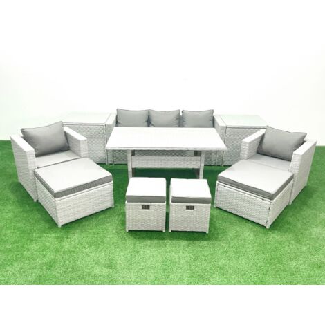 Fimous Rattan Garden Furniture Set Outdoor 9 Seater Patio Dining Sets with Glass Top Dining Table and 2 Side Tables Light Grey Mixed
