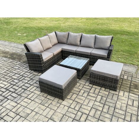 Fimous Rattan Garden Furniture Set Outdoor Lounge Corner Sofa Set With Square Coffee Table 2 Big Footstool 8 Seater Dark Grey Mixed